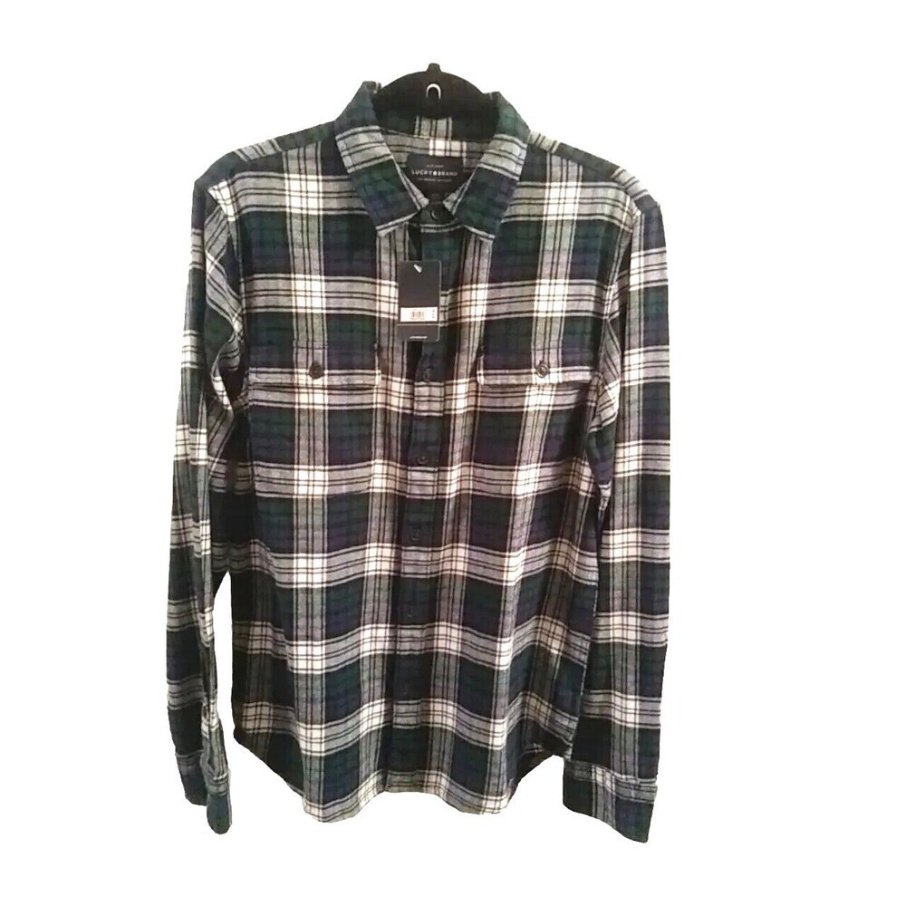 LUCKY BRAND Men's Flannel Shirt Overshirt Navy Blue Plaid Cotton Stretch NWT